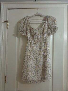 Simple Floral Puff-Sleeve Mini Dress - White, Yellow & Lavender